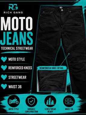 Men's Moto Biker Jeans Reinforced Technical Black Utility Streetwear Jeans SZ 36